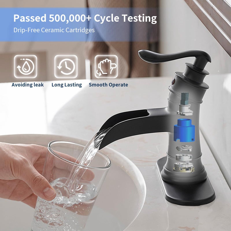 BWE Matte Black Bathroom Faucet, Waterfall Bathroom Faucet Sink Lavatory Single Hole Faucets One Handle Bath Antique with Brass Pop Up Drain Stopper Mixer Tap Overflow Water Supply Line - Image 3